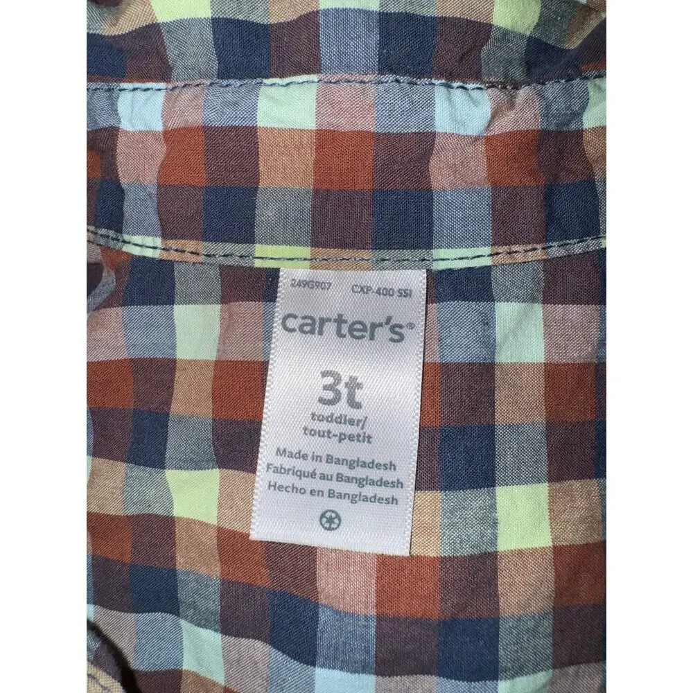 Carter’s Toddler Boys Button-Up Shirt  – Multicolor Plaid Short Sleeve, Size 3T